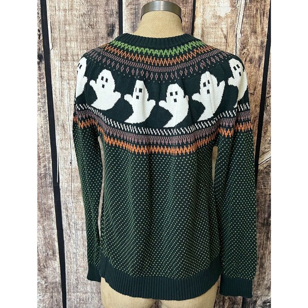 ModCloth You’ve Been Ghosted Green Ghost Fair Isle Crew Halloween Sweater Large - Picture 2 of 7